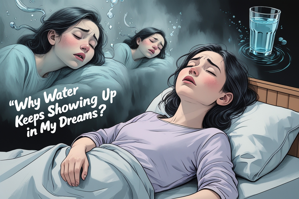 “2D pencil-colored illustration of a woman dreaming about a mysterious figure with glowing eyes, symbolizing hidden subconscious messages.