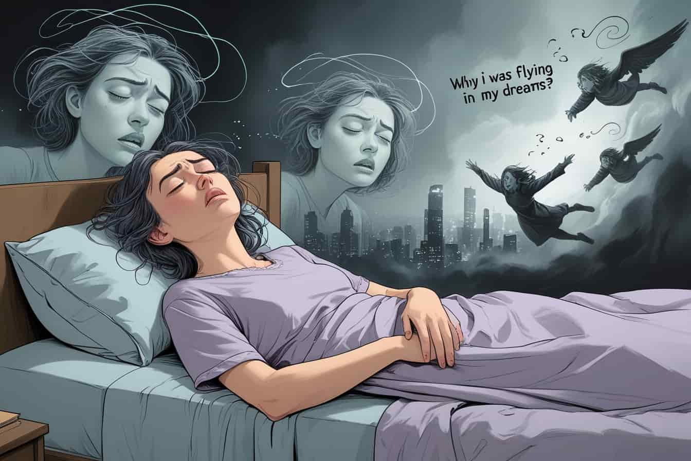 Illustration of a person flying over a Chaotic city, symbolizing freedom and dream interpretation.
