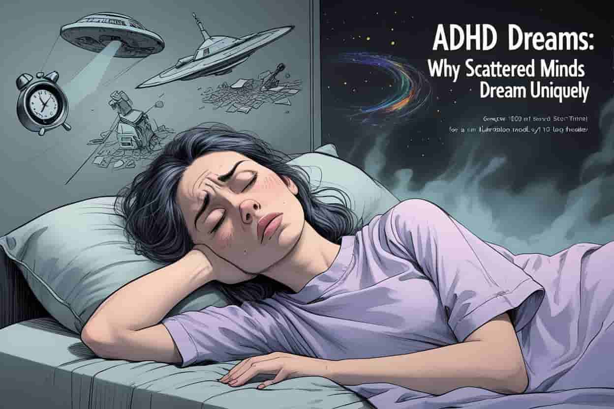 Split image showing person sleeping with organized, linear dream symbols versus ADHD person dreaming with scattered, colorful, rapidly-changing chaotic dream elements swirling everywhere